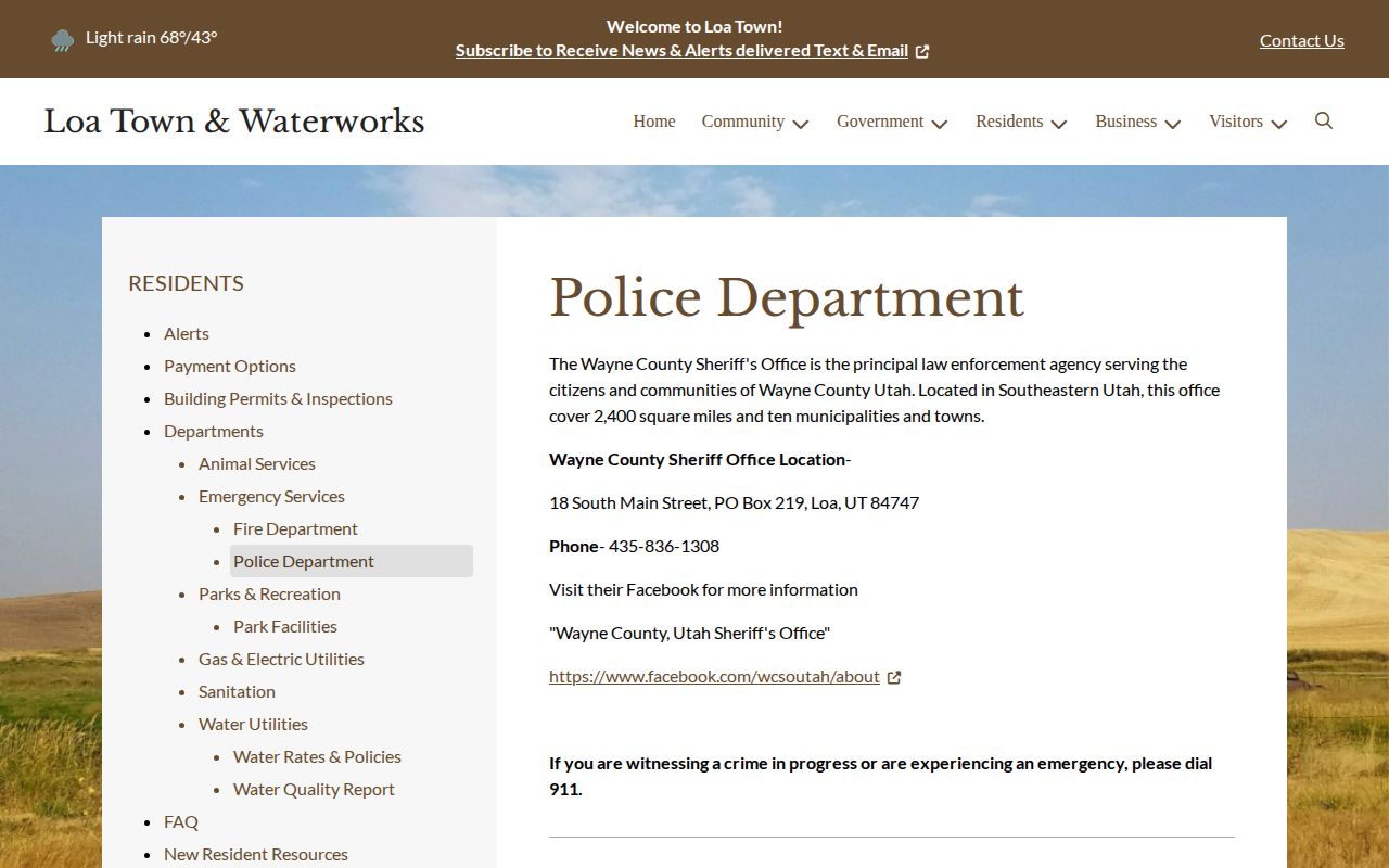 Loa police-service page for Wayne County arrest-record routing