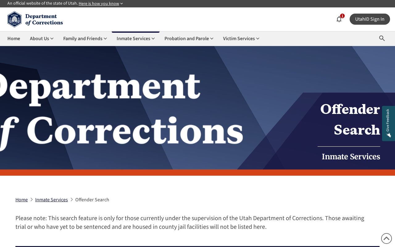 Utah Department of Corrections offender search for post-sentencing Wayne County records