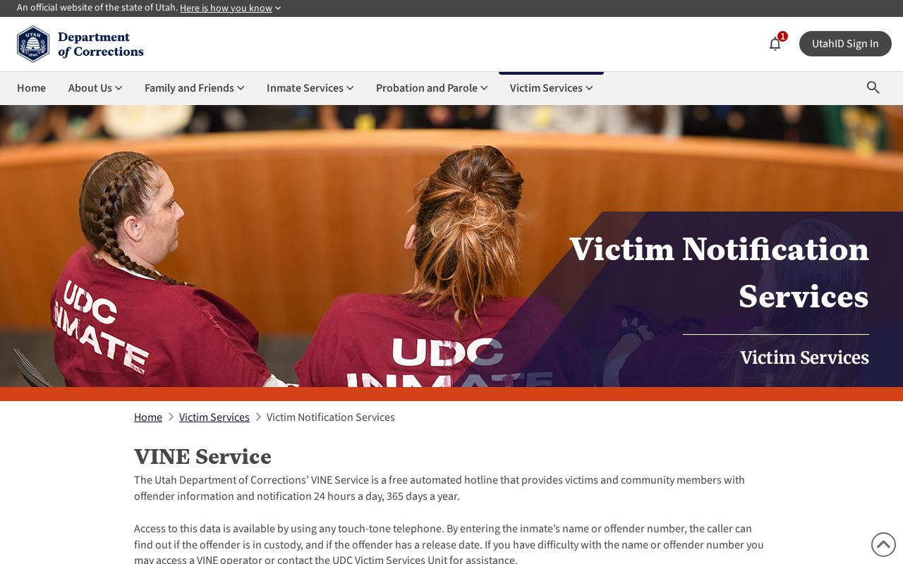 Utah VINE custody notification page for Wayne County record follow-up